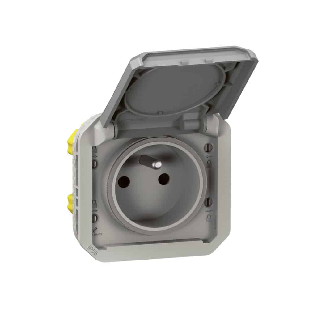 Gniazdo pojedyncze z uziemieniem 2P+Z, zaciski automatyczne, mechanizm 16A-250V~- szare, NOWE PLEXO 55