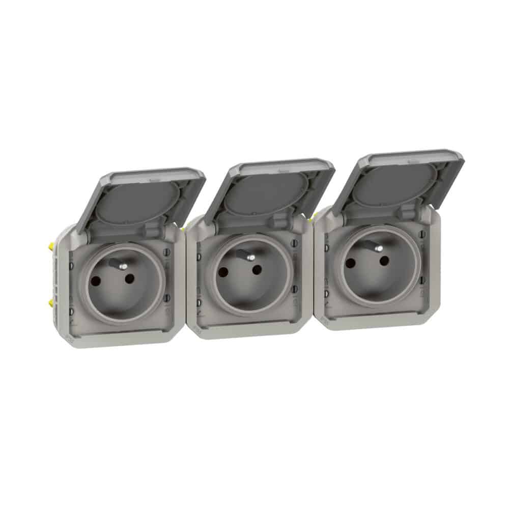 Gniazdo potrójne z uziemieniem 3x2P+Z, poziome, mechanizm 16A-250V~- szare, NOWE PLEXO 55