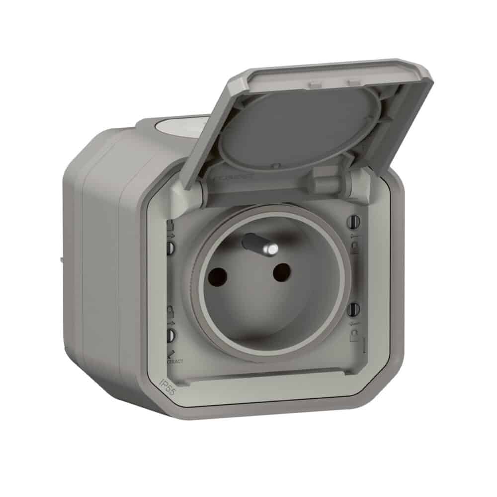 Gniazdo pojedyncze z uziemieniem 2P+Z, zaciski automatyczne, komplet natynkowy 16 A - 250 V~- szare, NOWE PLEXO 55