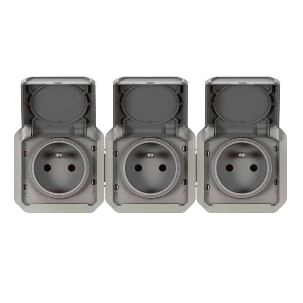 Gniazdo potrójne z uziemieniem 3x2P+Z, poziome, mechanizm 16A-250V~- szare, NOWE PLEXO 55 - obrazek 2