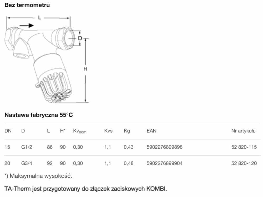 Zawór termostatyczny TA-THERM ZERO DN20 do C.W.U bez termometru +55°C - obrazek 3