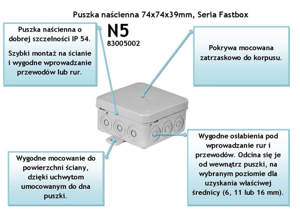Puszka instalacyjna naścienna N5 Fastbox 75x75x38mm, samozatrzaskowa, szary - obrazek 3