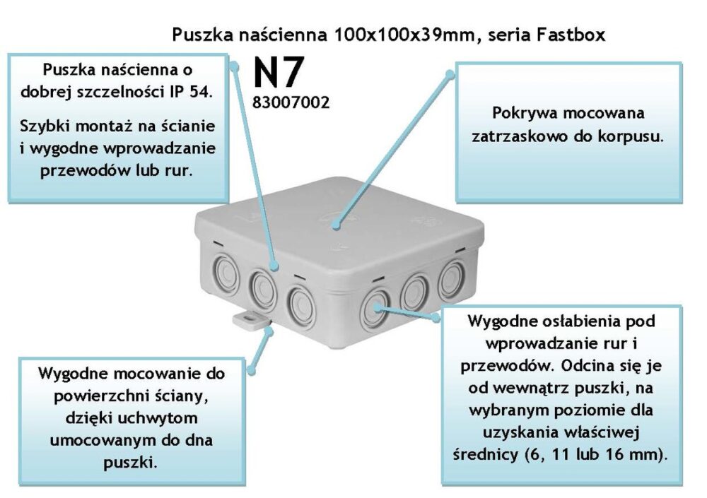 Puszka instalacyjna naścienna N7 Fastbox 100x100x38mm, samozatrzaskowa, szary - obrazek 3