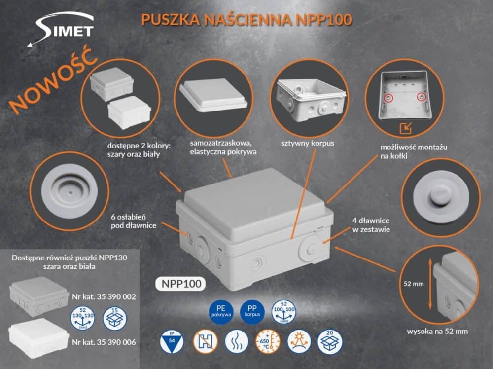 Puszka naścienna przyłączeniowa NPP130 szary, SIMET - obrazek 2