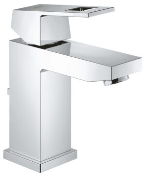Bateria umywalkowa Eurocube Rozmiar S, chrom, głowica ceramiczna 28 mm, ogranicznik przepływu 5,7 l/min, system szybkiego montażu, zestaw odpływowy z