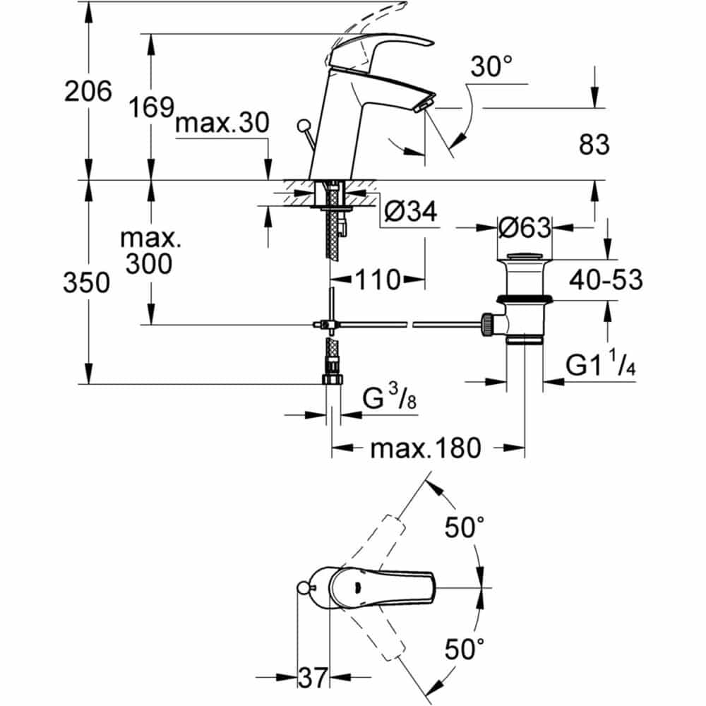 Bateria umywalkowa Grohe Eurosmart z korkiem - obrazek 2