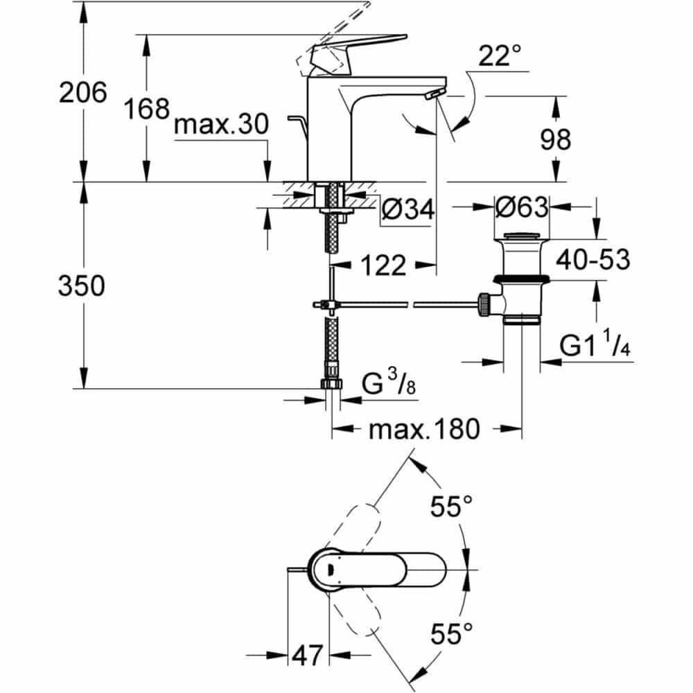 Bateria umywalkowa Grohe Eurosmart Cosmopolitan z korkiem - obrazek 2