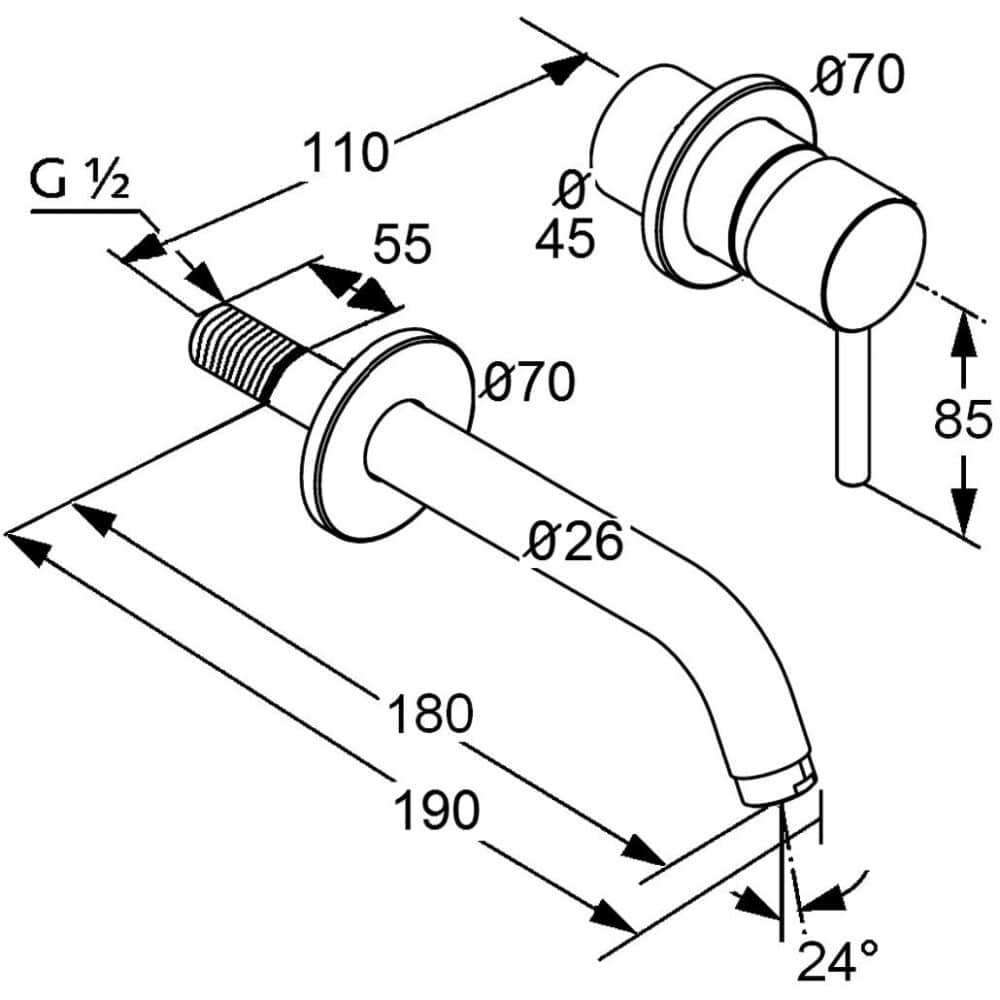 Bateria umywalkowa ścienna Kludi Bozz, montaż podtynkowy, dwuotworowy perlator s-pointer Eco M 24x1 rozety o średnicy 70 mm wysięg wylewki 170 mm - obrazek 2
