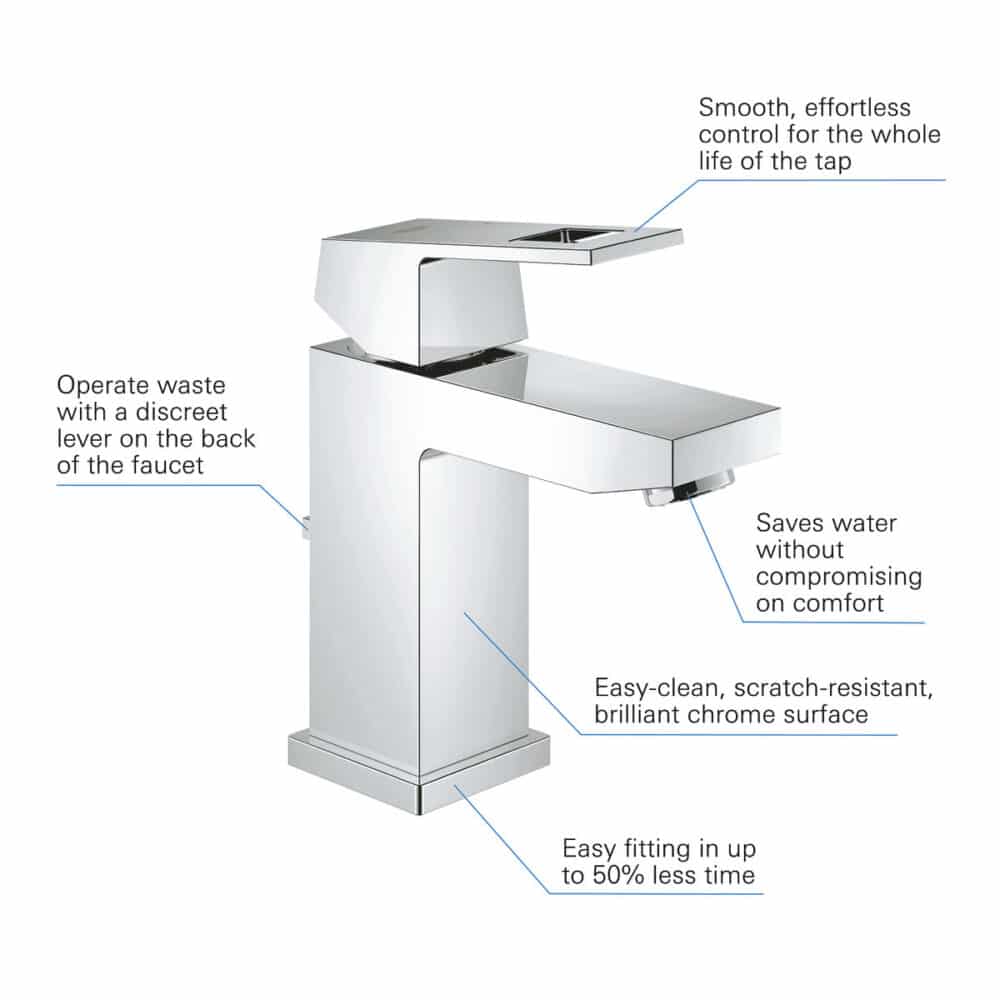 Bateria umywalkowa Eurocube Rozmiar S, chrom, głowica ceramiczna 28 mm, ogranicznik przepływu 5,7 l/min, system szybkiego montażu, zestaw odpływowy z - obrazek 8